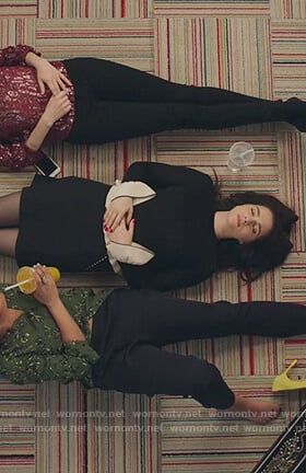 Jane's black contrast sweater and black mini skirt on The Bold Type
