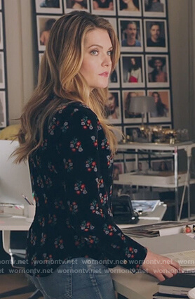 Sutton's black floral print velvet top on The Bold Type