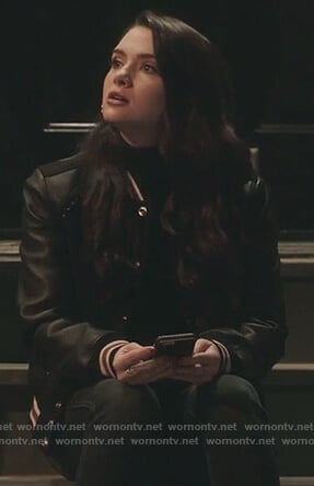 Jane's black studded varsity jacket on The Bold Type