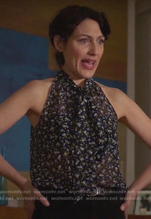 Abby's black floral print tie neck top on Girlfriends Guide to Divorce