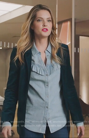 Sutton's blue chambray ruffle shirt and green velvet blazer on The Bold Type
