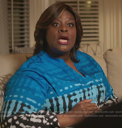 Babara's blue print ombre blouse on Girlfriends Guide to Divorce