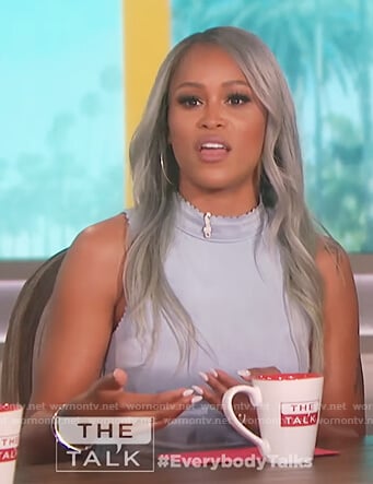 Eve's blue scalloped suede dress on The Talk