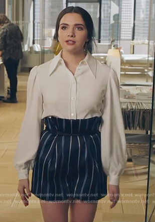 Jane's blue striped paperbag waist shorts on The Bold Type