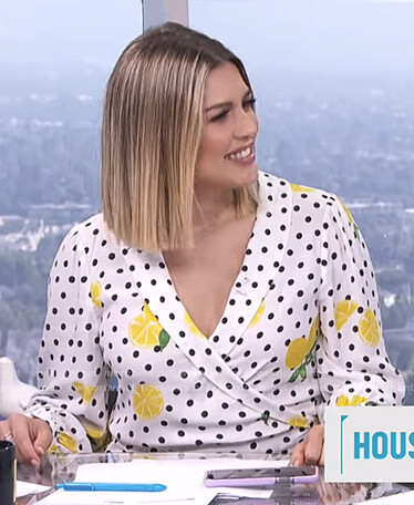 Carissa's white lemon print wrap blouse on E! News Daily Pop