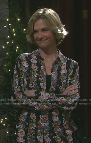 Eve's black floral shirt on Days of our Lives