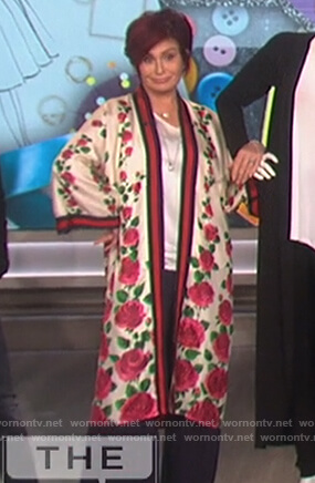 Sharon's white floral print cardigan on The Talk