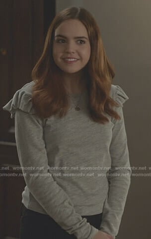 Grace's grey ruffled shoulder top on Good Witch