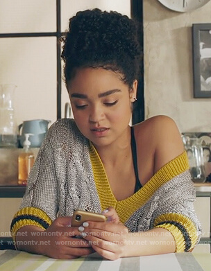 Kat's gray v-neck sweater and double belted pants on The Bold Type