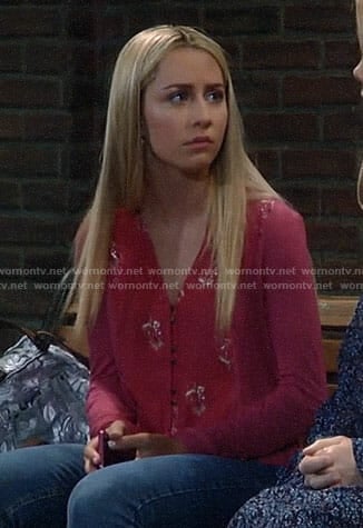 Josslyn's pink floral front henley top on General Hospital