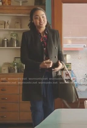 Kat's navy floral blouse and three button coat on The Bold Type