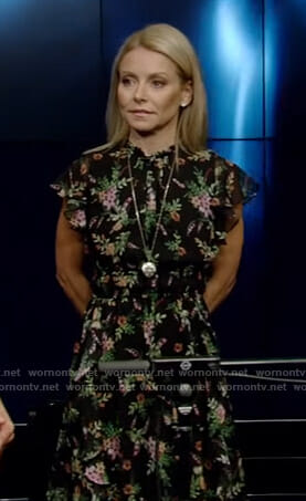 Kelly's black floral ruffled dress on Live with Kelly and Ryan