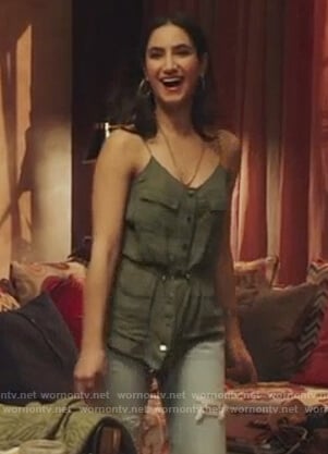 Adena's khaki button front camisole on The Bold Type