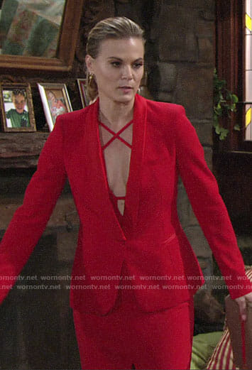 Phyllis's red plunge neck dress and blazer on The Young and the Restless
