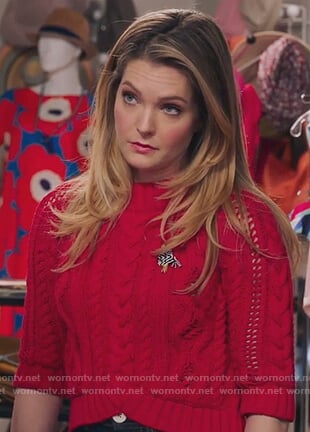 Sutton's pink cable knit short sleeve sweater on The Bold Type