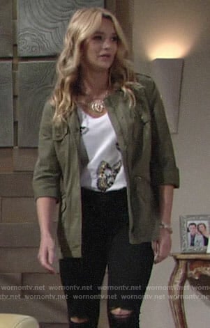 Summer's butterfly tee and army jacket on The Young and the Restless