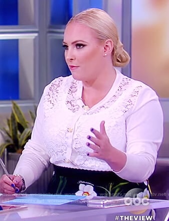 Meghan's white lace sweater and floral skirt on The View