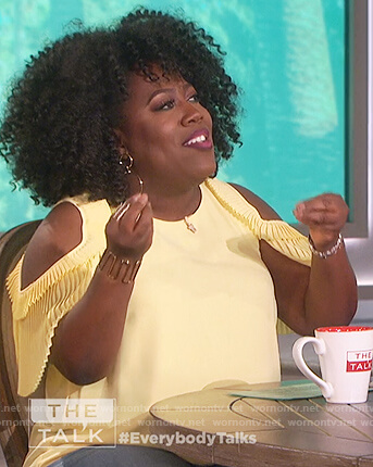 Sheryl's yellow pleated cold shoulder top on The Talk