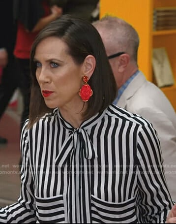 Diana's black and white striped tie neck blouse on Younger