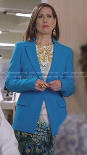 Diana's peacock print dress and blue blazer on Younger