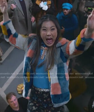 Dixie's colorblock fur jacket on Insatiable