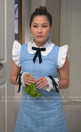 Dixie's blue lace mini dress on Insatiable