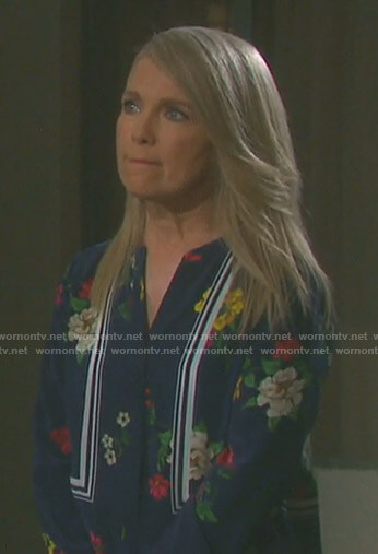 Jennifer's navy floral blouse on Days of our Lives