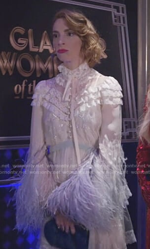 Lauren's white feather trimmed lace dress on Younger