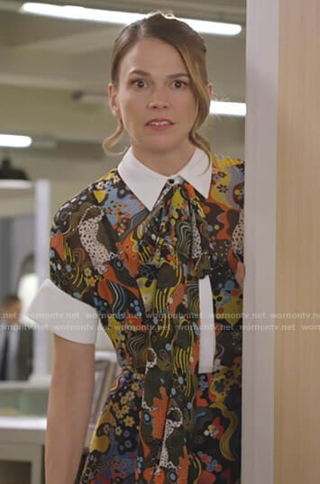 Liza's black printed tie neck dress on Younger