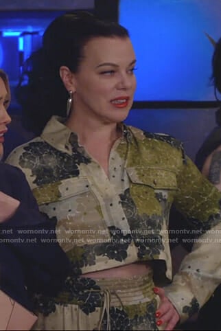 Maggie's green floral cropped shirt and trousers on Younger