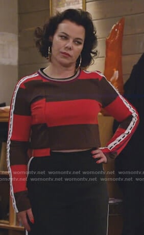 Maggie's red and brown striped top on Younger
