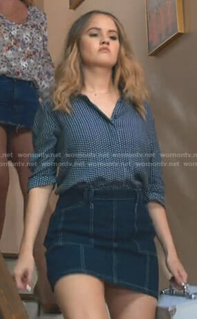 Patty's polka dot shirt and denim mini skirt on Insatiable