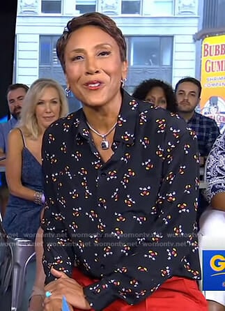Robin's black Mickey Mouse print shirt on Good Morning America