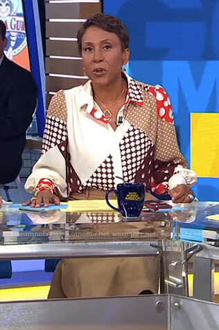 Robin's dot print blouse and beige skirt on Good Morning America