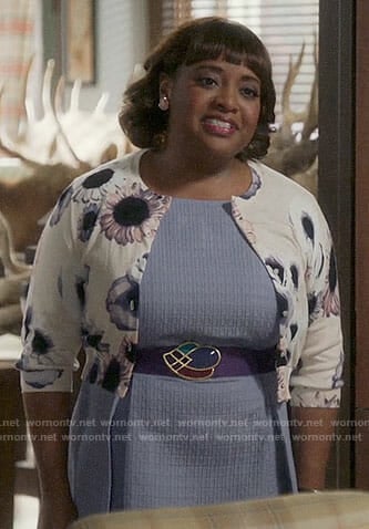 Anne's purple textured dress and floral cardigan on Trial and Error