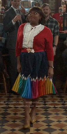 Anne's colored pencils print skirt on Trial and Error