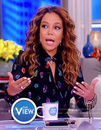 Sunny's black feather print wrap dress on The View