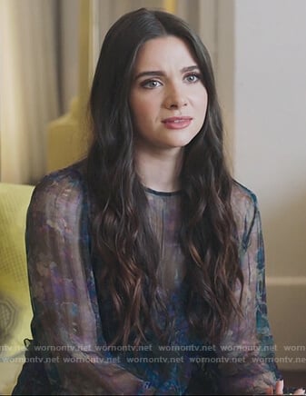 Jane's black printed sheer dress and suede boots on The Bold Type