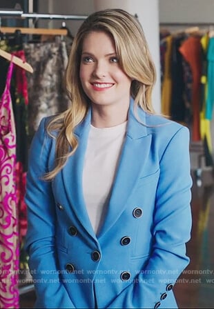 Sutton's blue button detail blazer on The Bold Type