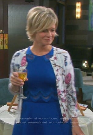 Kayla's blue embroidered dress and floral cardigan on Days of our Lives