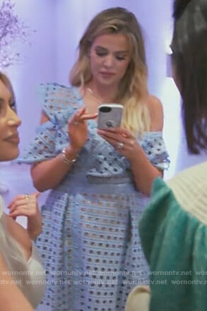 Khloe's blue one off shoulder ruffle lace dress on Keeping Up with the Kardashians