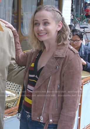 Caitlin's multicolored striped top and suede jacket on Younger