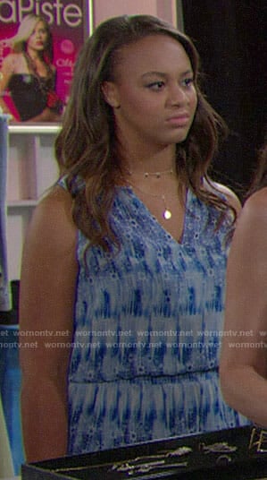 Emma's blue printed sleeveless dress on The Bold and the Beautiful