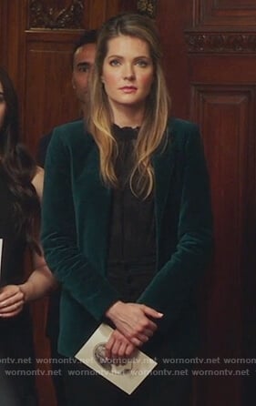 Sutton's green velvet blazer and black sheer top on The Bold Type