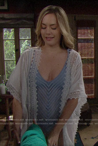 Hope's blue striped one-piece swimsuit and white cover-up on The Bold and the Beautiful