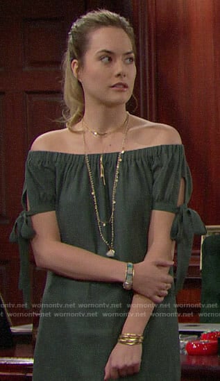 Hope's green off-shoulder tie-sleeve dress on The Bold and the Beautiful