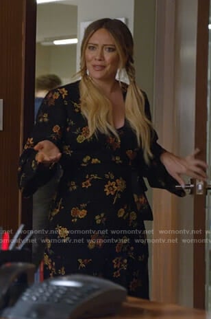 Kelsey's black floral wrap dress on Younger