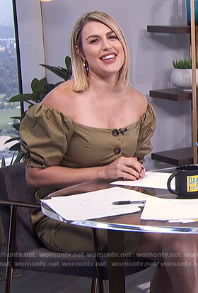 Carissa's khaki off shoulder button front dress on E! News Daily Pop