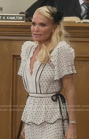 Lavinia's white polka dot dress on Trial and Error