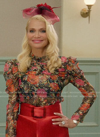 Lavinia's floral puff-shoulder blouse on Trial and Error